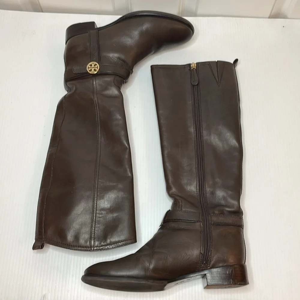 Tory Burch Riding Bristol Boots Women’s Sz 8 Brown Coconut Gold Leather Side Zip